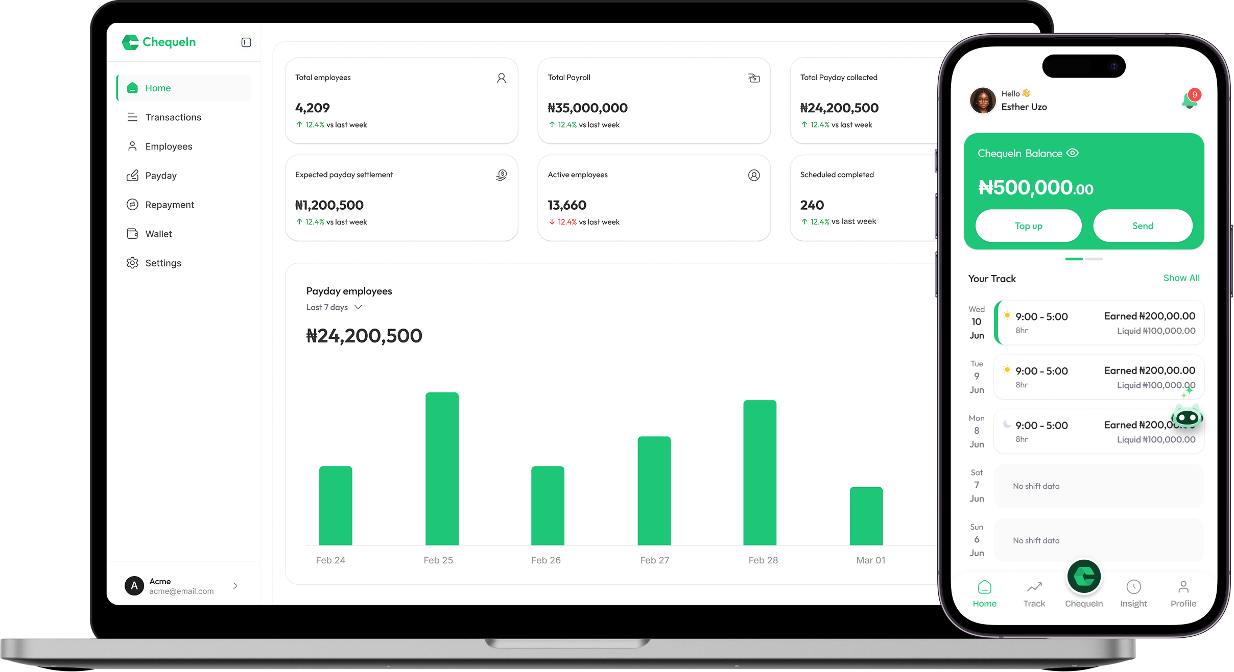ChequeIn dashboard on a laptop with the mobile app